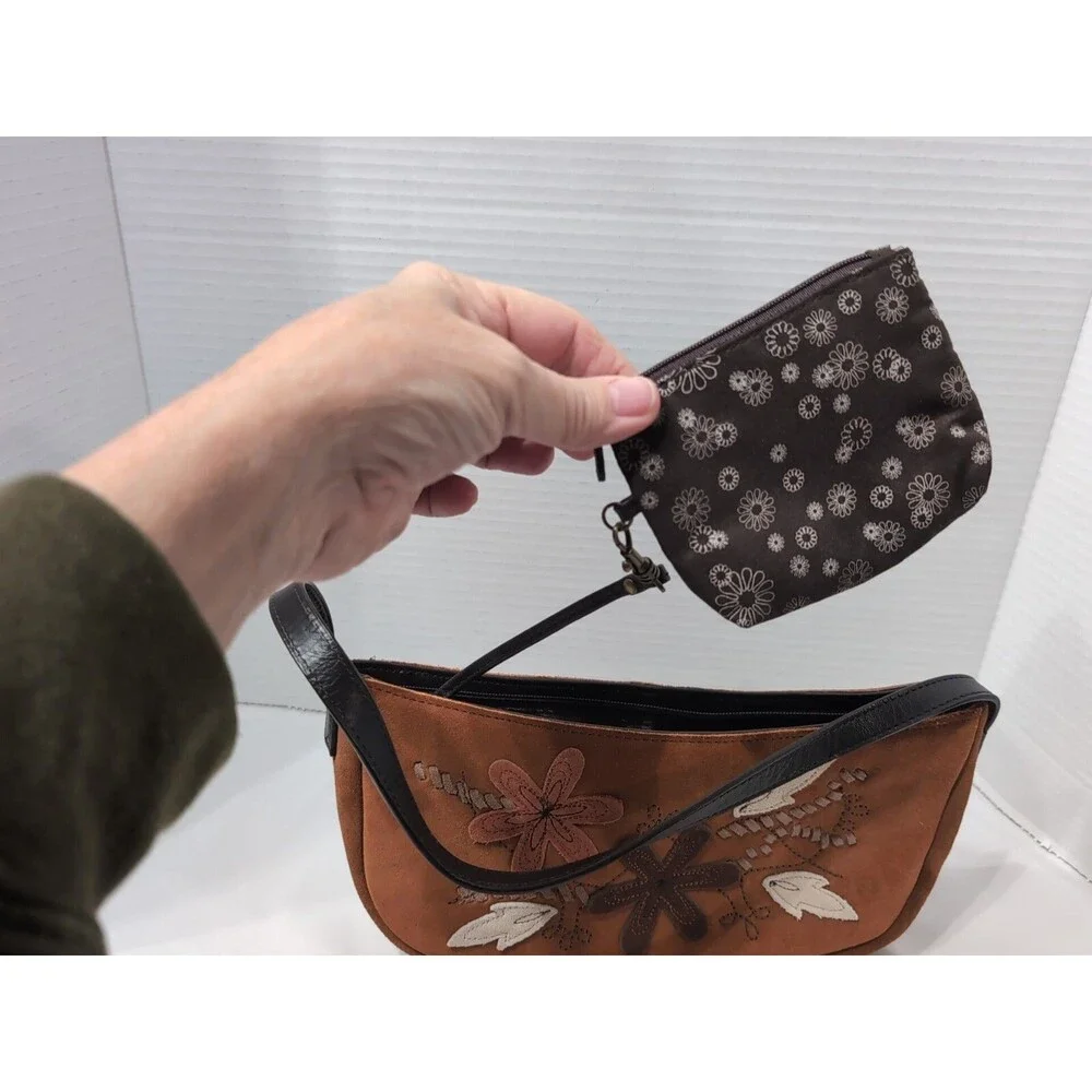 Suede mini hobo handbag floral leaf design Coin Pouch VINTAGE CUTE